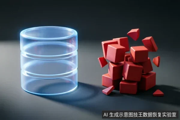 画面左侧为一个发光的蓝色圆柱体数据库图标,象征有序存储;右侧是一堆散乱、破碎的红色立方体,象征损坏的文件系统或丢失的数据结构。两者并置在深色背景上,直观展示了从混乱无序到结构化数据的对比关系。