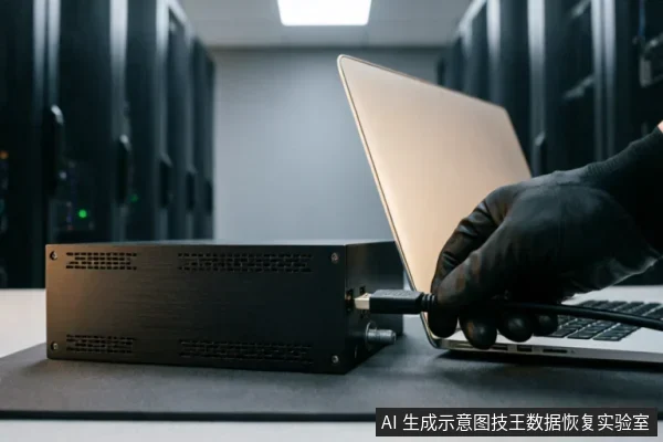 一只戴着黑色手套的手正将线缆插入连接在银色笔记本电脑侧面的黑色金属盒状设备中，背景为模糊的服务器机柜。画面展示了通过外部硬件接口连接笔记本进行数据检测或恢复的场景。
