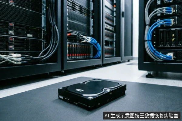 一块黑色的WD品牌机械硬盘静置于深灰色防静电垫上,背景为模糊的服务器机柜与蓝色网线,呈现出专业的数据存储或硬件检测环境。