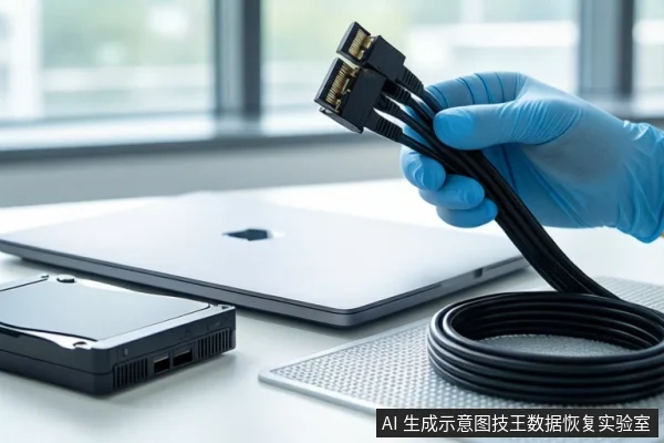白色桌面上,一只戴蓝色手套的手持握三根黑色SATA数据线接头,旁边平放黑色硬盘盒和银色笔记本电脑,背景为模糊窗户。