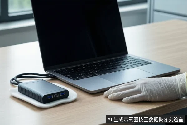木质桌面上放置一台黑屏的银色笔记本电脑,左侧连接着一个黑色移动硬盘。右侧一只戴白色手套的手平放在桌面上。背景是模糊的窗户。