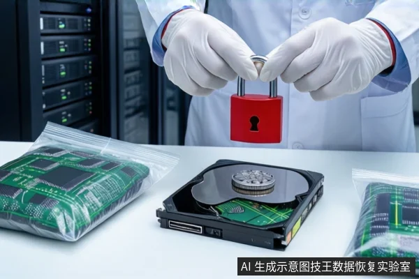 洁净室白色桌面上,前景一双戴白手套的手持红色挂锁悬停在打开外壳的机械硬盘上方。左侧防静电袋内装有一块绿色电路板,背景为模糊的服务器机柜。