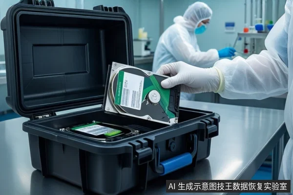 洁净室环境中,前景一只戴白手套的手持握一块机械硬盘,下方黑色防震箱内放置另一块硬盘,背景有一名穿无尘服的技术人员在工作台前操作。