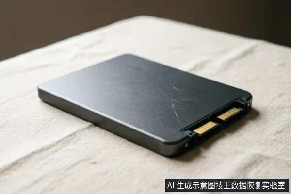 图片展示了一块平放在米色布面上的黑色机械硬盘,侧面清晰可见金色的SATA数据接口和电源接口。硬盘表面有轻微划痕,无标签文字,背景虚化,主体突出,展示了用于数据恢复评估的故障存储介质外观。