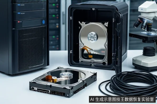 白色桌面上，左侧竖立一台黑色塔式主机，中间平放一块打开外壳的机械硬盘，右侧黑色防震箱内固定另一块硬盘，旁边有显微镜和盘绕的黑色线缆。