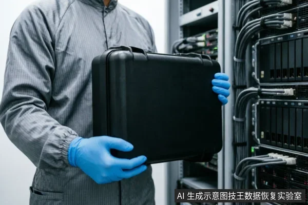 一名身穿灰色防静电服、佩戴蓝色手套的技术人员，双手持握一个黑色硬质防护箱，站在排列整齐的服务器机柜旁。