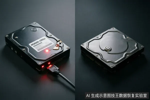 图片展示了一块连接着数据线的机械硬盘，其表面指示灯亮起红光，暗示设备处于通电或故障状态；右侧为断开连接的硬盘背面。画面直观呈现了存储设备在出现识别问题时的物理连接与异常指示情况。
