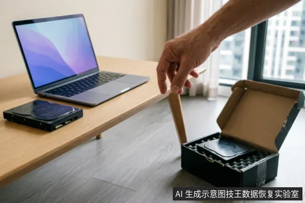 木质桌面上放置着一台打开的笔记本电脑和一块裸露的黑色机械硬盘,旁边地板上有一个打开的瓦楞纸快递盒,盒内装有防震泡沫及另一块硬盘。一只男性的手正伸向快递盒,展示将硬盘打包寄出的场景。