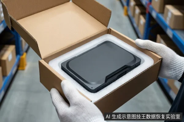 仓库环境中,一双戴白色手套的手正托举一个打开的棕色纸箱,箱内白色防震泡沫中固定着一块黑色移动硬盘。背景可见货架和堆叠的纸箱。