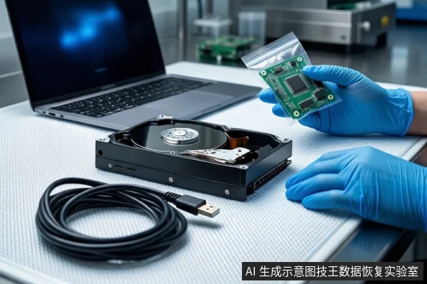 白色防静电垫上平放一块打开外壳的机械硬盘,左侧有一台打开的银色笔记本电脑,前景盘绕着一根黑色USB数据线。右侧一双戴蓝色手套的手持透明防静电袋,袋内装有一块绿色电路板,背景为模糊的实验室环境。