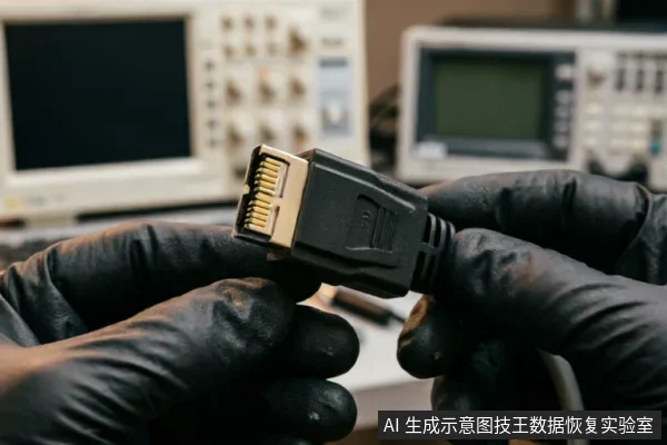 戴着黑色防护手套的双手正捏住一根数据线的金属接口进行特写检查,背景模糊可见示波器与电子测试仪器。画面聚焦于物理连接端的细节,体现了对硬件接触可靠性的专业检测过程。