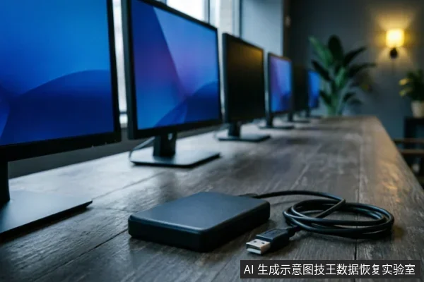 一张黑色移动硬盘放置在木质长桌上,USB数据线连接并盘绕在旁。背景是一排处于亮屏状态的电脑显示器,呈现出典型的网吧或机房环境,暗示了多设备连接与数据排查的场景。