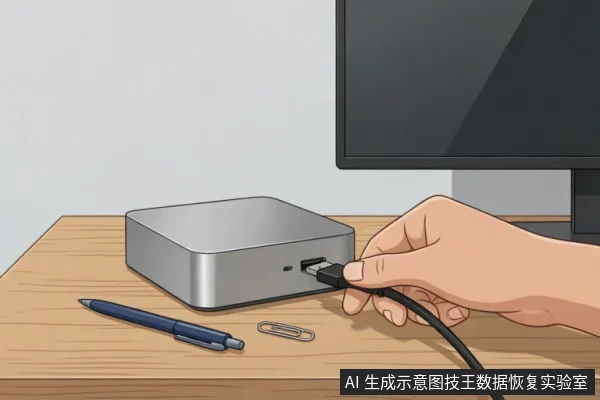 一只手持黑色数据线,正将其插入放置在木质桌面上的银色方形存储设备接口中。旁边放有一支蓝色圆珠笔和一个金属回形针,背景可见显示器底座边缘。画面展示了检查外部连接链路的动作。