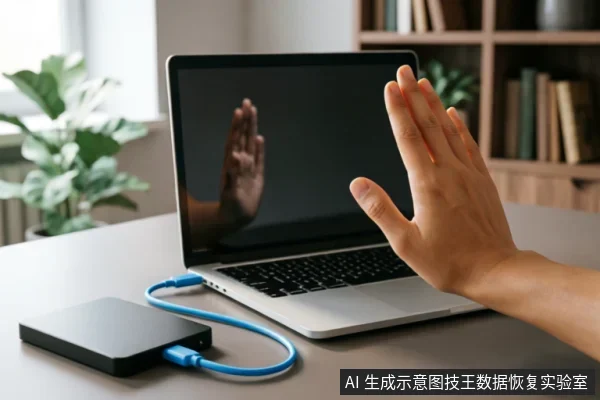 一只手掌在笔记本电脑屏幕前做出明显的停止手势，象征禁止操作。桌面上连接着一个通过蓝色数据线接入的外置硬盘，寓意在数据恢复过程中应立即停止危险尝试并核对状态，避免对故障介质进行写入或格式化。
