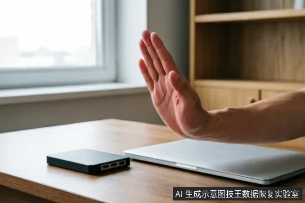 一只手掌伸出做出明确的“停止”手势,挡在木质桌面上的银色笔记本电脑和黑色移动硬盘前方。画面通过肢体语言直观传达拒绝操作、立即断电及停止尝试修复的警示含义,与文中强调的紧急止损建议高度契合。