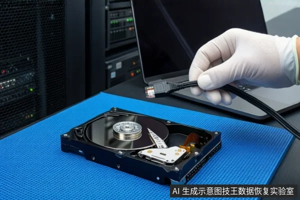 蓝色防静电垫上平放一块打开外壳的机械硬盘,右侧一只戴白手套的手正握持一根黑色SATA数据线悬停在硬盘上方,背景为服务器机柜和一台黑屏笔记本电脑。