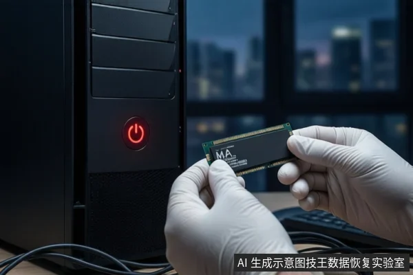 画面左侧是一台黑色塔式主机,电源按钮亮着红灯。前景中一双戴着白色手套的手正持握一块M.2固态硬盘,背景是模糊的城市夜景。