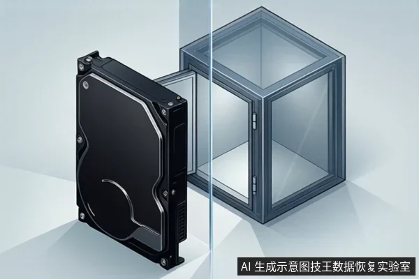 画面左侧竖放一块黑色机械硬盘,右侧为一个透明玻璃箱体,中间以竖直分界线隔开,背景为浅色几何台面。