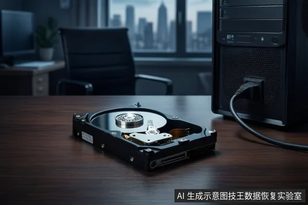 木质桌面上平放一块打开外壳的机械硬盘，右侧有一台黑色塔式主机，一根黑色线缆连接主机，背景为模糊的办公椅和城市夜景。