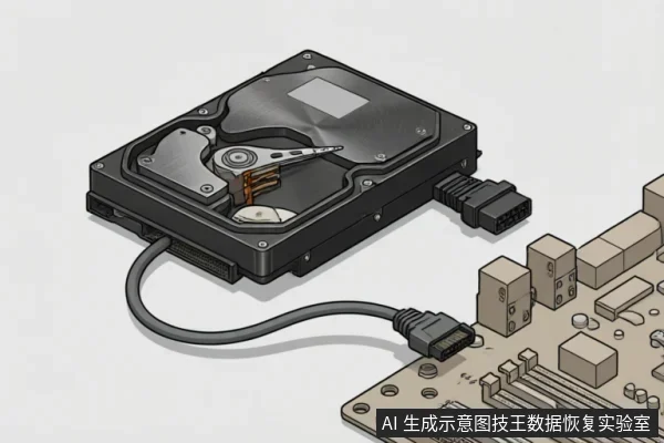 一张技术示意图，展示了一块内部结构可见的机械硬盘通过SATA数据线和供电接口连接至主板。画面清晰呈现了数据线、电源插头与主板的物理连接状态，用于示意检查外部连接链的完整性。
