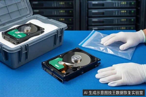 蓝色防静电垫上平放一块打开外壳的机械硬盘，左侧是一个打开的灰色防震箱，箱内白色泡沫垫上放着另一块硬盘。右侧一双戴白色手套的手平放在垫子上，旁边有一个透明自封袋，背景为模糊的服务器机柜。