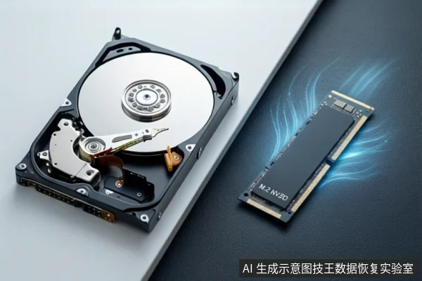 白色与黑色拼接桌面上,左侧平放一块打开外壳的机械硬盘,右侧平放一块M.2固态硬盘,周围有蓝色光效。
