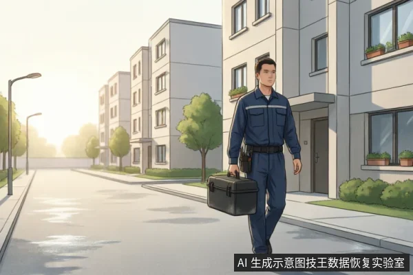 一名身穿蓝色工装制服的维修技术人员,手提黑色硬质工具箱,正行走在居民区街道上。画面展示了专业人员携带工具前往处理故障设备的场景,体现了上门送修或现场服务的状态。