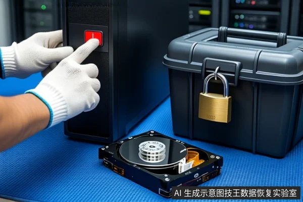 蓝色防静电垫上,戴白手套的双手正按压黑色主机上的红色电源按钮。前景平放一块打开外壳的机械硬盘,右侧是一个挂着金色挂锁的黑色防震箱。