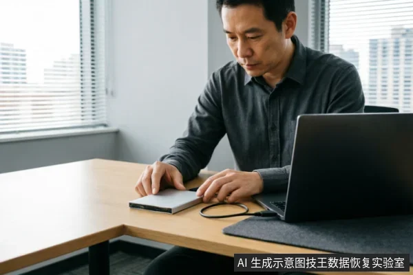 一位身穿深色衬衫的男士坐在办公桌前,正专注地操作连接在笔记本电脑上的银色外接硬盘盒。背景为带有百叶窗的办公室环境,展示了用户正在使用外部存储设备处理数据的场景。