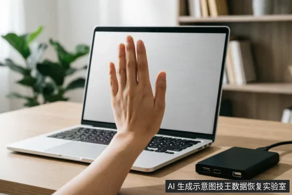 一只手掌在笔记本电脑屏幕前做出“停止”或“拒绝”的手势,示意禁止操作。桌面上放置着一台打开的银色笔记本电脑和一个黑色的外接存储设备,背景为模糊的书架与绿植,营造出办公环境下的警示氛围。