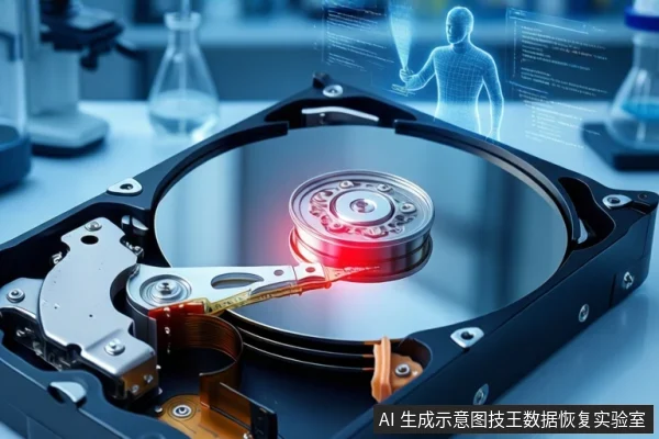实验室桌面上平放一块打开外壳的机械硬盘,磁头臂接触盘片,接触区域有红色光效。背景有烧瓶和蓝色全息人形界面。