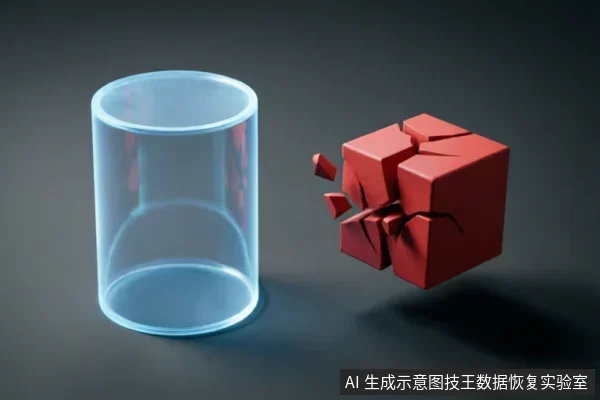 画面左侧为一个发光的透明圆柱体,右侧是一个正在崩裂破碎的红色立方体。红色方块表面布满裂纹并伴有碎片剥落,呈现出结构受损或解体的状态,背景为深灰色渐变。
