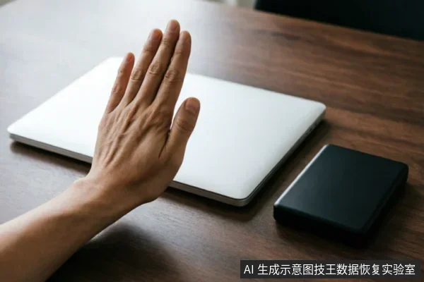 一只手掌在闭合的笔记本电脑前做出停止手势,旁边放置着一个黑色移动硬盘,示意在设备故障时立即停止操作。