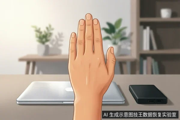画面展示了一只手掌在银色笔记本电脑和黑色移动硬盘前做出“停止”手势。背景为模糊的办公环境,包含绿植和书架。该动作直观地传达了在数据恢复过程中遇到异常时应立即停止通电或扫描的操作规范。