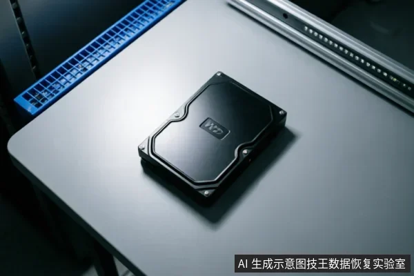 一张黑色西部数据(WD)机械硬盘静置于灰色平整台面上,背景可见蓝色的服务器理线架和金属机架导轨。画面聚焦于硬盘外观,展示了带有品牌标识的顶盖及四角螺丝结构,呈现出数据中心或硬件维护环境的氛围。