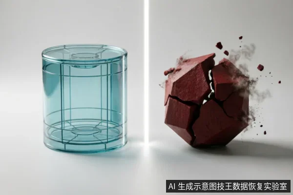 画面被一道垂直光束分为左右两部分。左侧是一个透明蓝色的圆柱体结构,内部有网格线条,象征完好且逻辑清晰的存储状态;右侧是一个深红色的多面体正在剧烈破碎崩解,碎片与粉尘向外飞溅,象征遭受物理损坏或数据崩溃的硬盘。