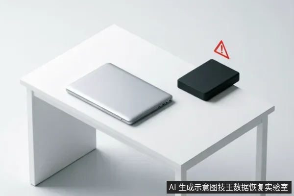 白色桌面上放置着一台闭合的银色笔记本电脑和一个黑色移动硬盘，硬盘上方悬浮着一个红色的三角形警告标志。画面通过警示符号直观表现设备故障或无法识别的状态，主体清晰，无多余文字。
