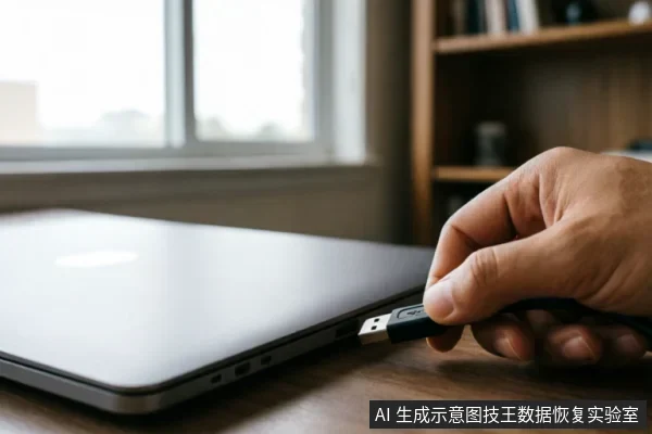 特写镜头展示一只手正将USB数据线插入银色笔记本电脑的侧面接口，背景为模糊的窗户与书架。画面聚焦于连接外设的动作，直观呈现了数据备份或设备接入的场景。