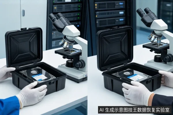 白色实验台上,一双戴白手套的手正扶着一个打开的黑色防震箱,箱内固定着一块机械硬盘。右侧放置一台显微镜,背景为模糊的服务器机柜。