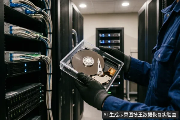 一名身穿蓝色工装、佩戴黑色防静电手套的技术人员,在服务器机房背景中双手托举着一个打开外壳的机械硬盘,展示其内部盘片与磁头组件,体现专业数据恢复环境。