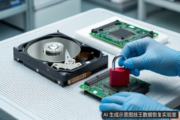 白色防静电工作台上,左侧平放一块打开外壳的机械硬盘,右侧平放一块绿色电路板。前景一双戴蓝色手套的手持红色挂锁悬停在电路板上方。