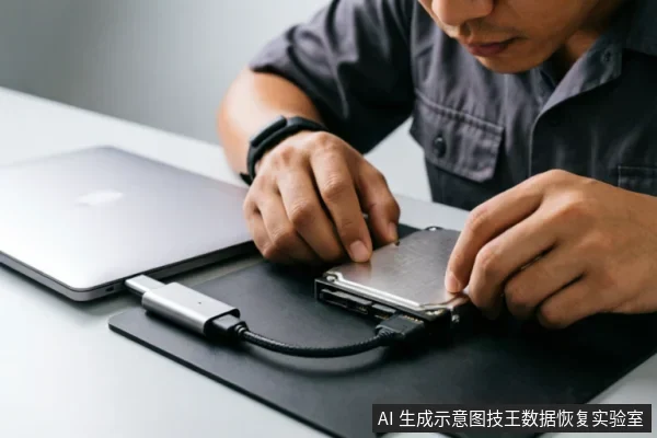 一名技术人员在黑色防静电垫上操作，双手正在将一块裸露的机械硬盘通过USB转接盒连接至笔记本电脑。画面展示了数据恢复或硬件检测环境中的外部连接链路检查过程，未涉及拆解或内部操作。