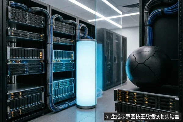 现代化数据中心机房内部，排列着密集的服务器机柜与蓝色线缆。画面右侧前景放置着一个表面布满裂纹的黑色球体，象征硬件故障或物理损坏，中间立有发光的圆柱形装置。