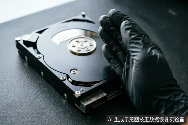 一只戴着黑色防静电手套的手正托举着一块裸露的机械硬盘,清晰展示了金属盘片、主轴及底部的SATA数据接口,体现了专业数据恢复中对硬件的谨慎操作。
