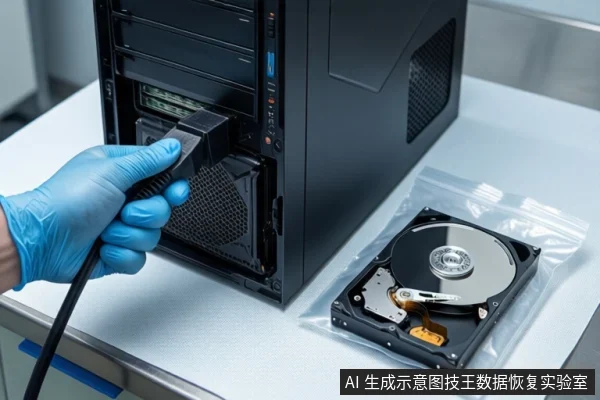 白色防静电工作台上,一只戴蓝色手套的手正将黑色线缆插头插入黑色台式机箱正面接口,右侧防静电袋内装有一块打开外壳的机械硬盘。
