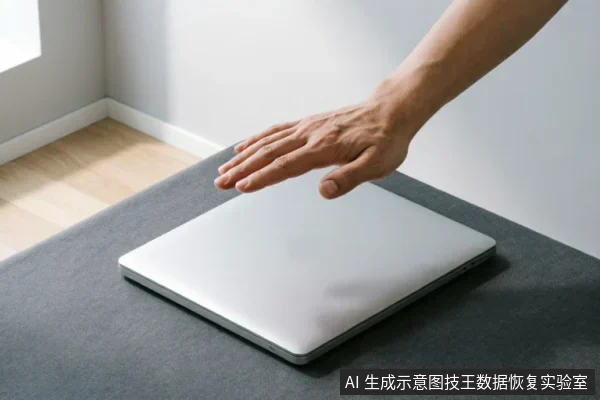 一只悬停在闭合银色笔记本电脑上方的手,示意停止操作或保护设备。背景为简洁的桌面环境,强调在数据故障时保持冷静、避免进一步干预以保护原始介质的理念。