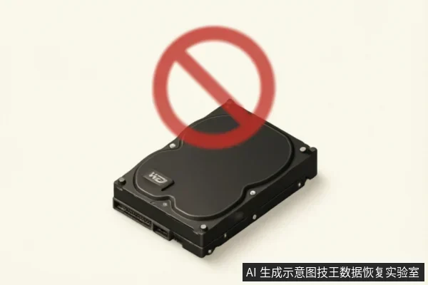 画面展示了一块黑色的机械硬盘,其上方叠加了一个醒目的红色禁止符号(圆圈加斜杠),直观地表达了“停止操作”、“禁止写入”或“严禁使用”的含义。
