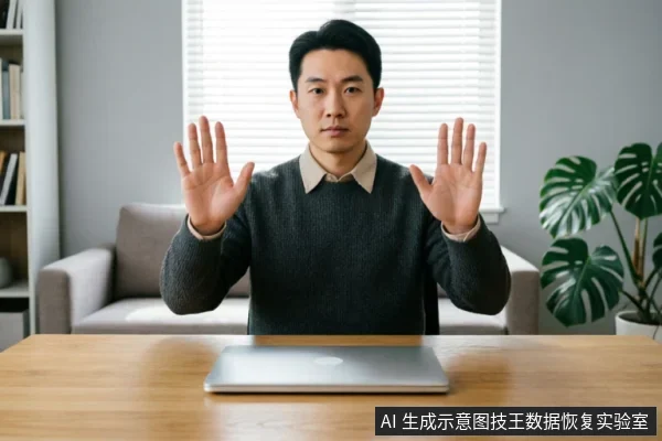 一名身穿深灰色毛衣的男子坐在木质办公桌前,面对镜头举起双手做出“停止”或“拒绝”的手势。桌面上放置着一台闭合的银色笔记本电脑,背景为明亮的室内环境,包含沙发和绿植。
