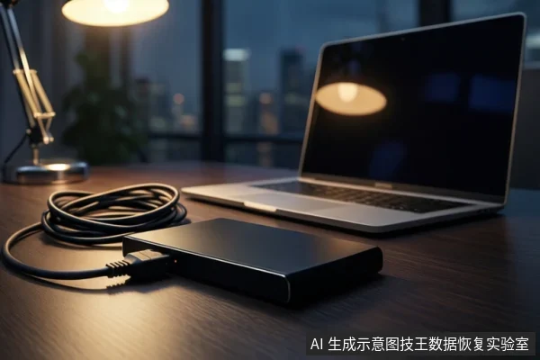 深色木桌上,一台银色笔记本电脑旁平放一个黑色外接硬盘盒,通过黑色USB线缆连接。左侧盘绕着一根黑色线缆,背景有一盏亮着的台灯和模糊的城市夜景。