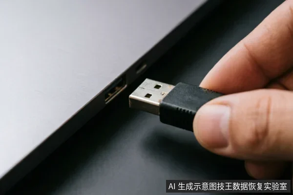 特写镜头展示一只手正捏着黑色USB数据线的金属接头,准备将其插入银灰色笔记本电脑侧面的接口中。画面聚焦于连接动作与接口细节,背景虚化,无多余文字。